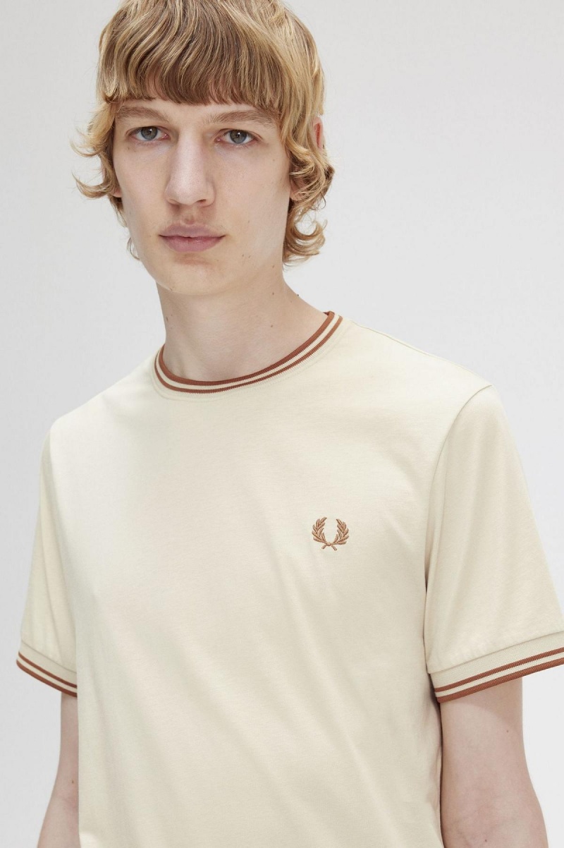 Oatmeal Fred Perry Twin Tipped Men's T Shirts | SGJKU55167