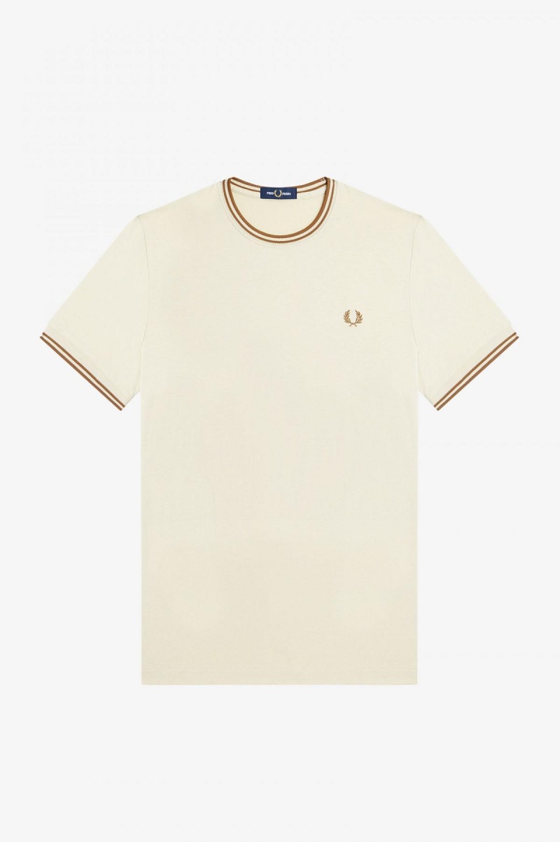 Oatmeal Fred Perry Twin Tipped Men's T Shirts | SGJKU55167