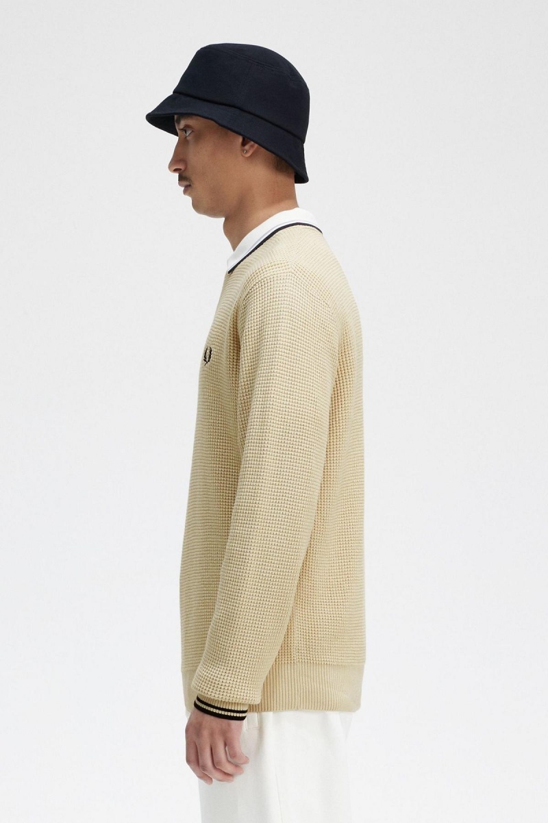 Oatmeal Fred Perry Waffle Stitch Jumper Men's Knitwear | SGJZR81853