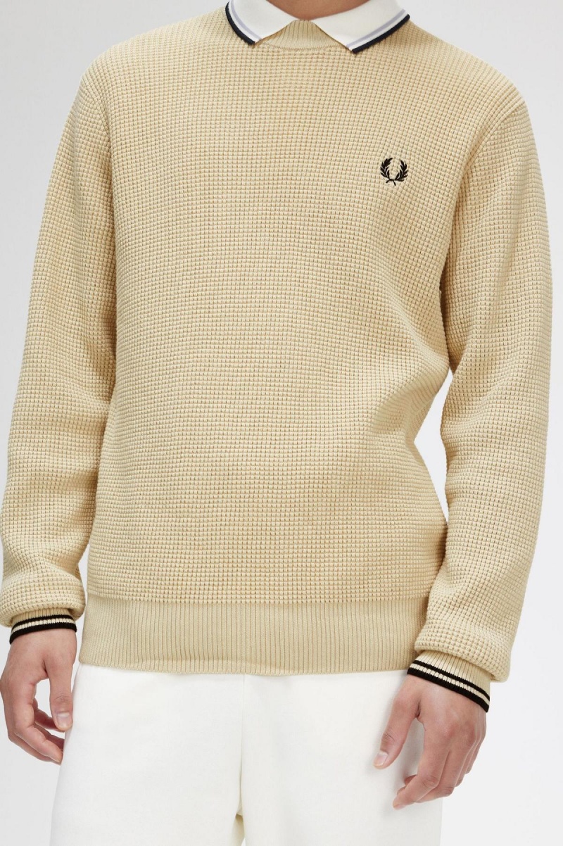 Oatmeal Fred Perry Waffle Stitch Jumper Men's Knitwear | SGJZR81853