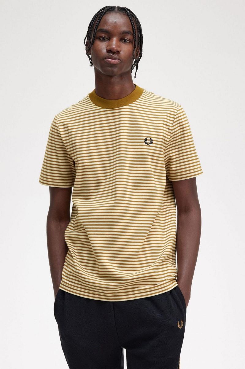 Oatmeal / Dark Caramel Fred Perry Fine Stripe Heavyweight Men's T Shirts | SGQCS19090