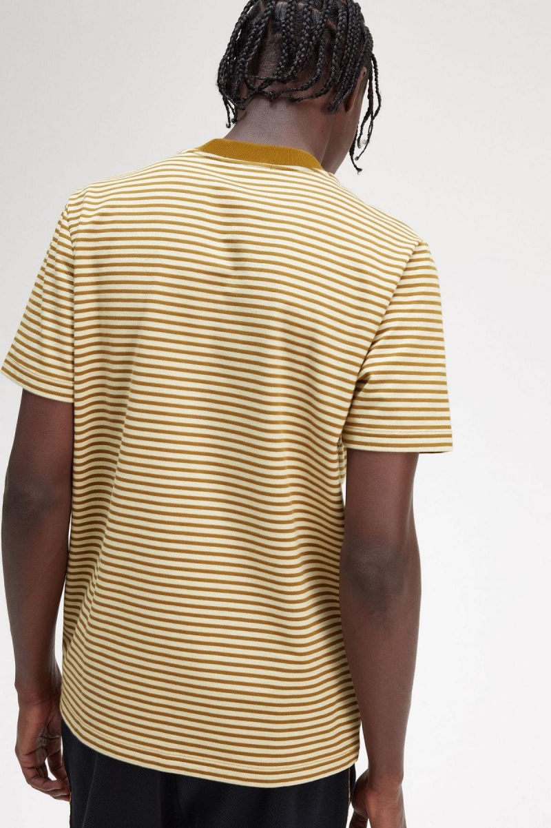 Oatmeal / Dark Caramel Fred Perry Fine Stripe Heavyweight Men's T Shirts | SGQCS19090