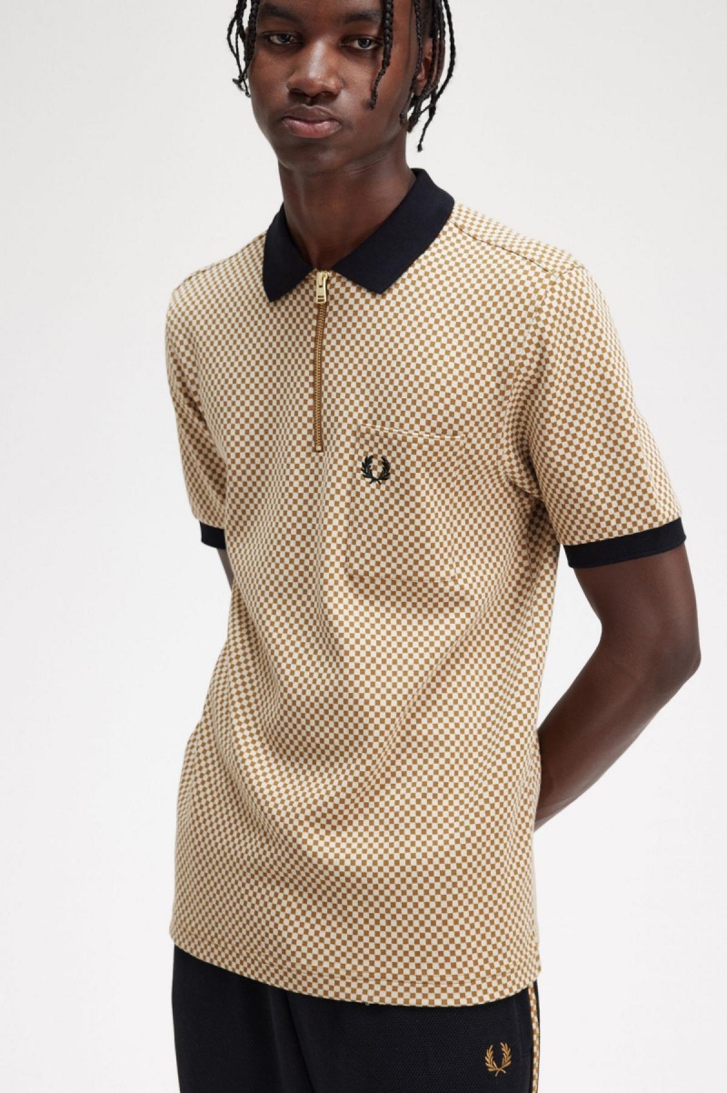 Oatmeal / Dark Caramel Fred Perry Micro Chequerboard Polo Shirt Men's Polo Shirts | SGIIZ85332