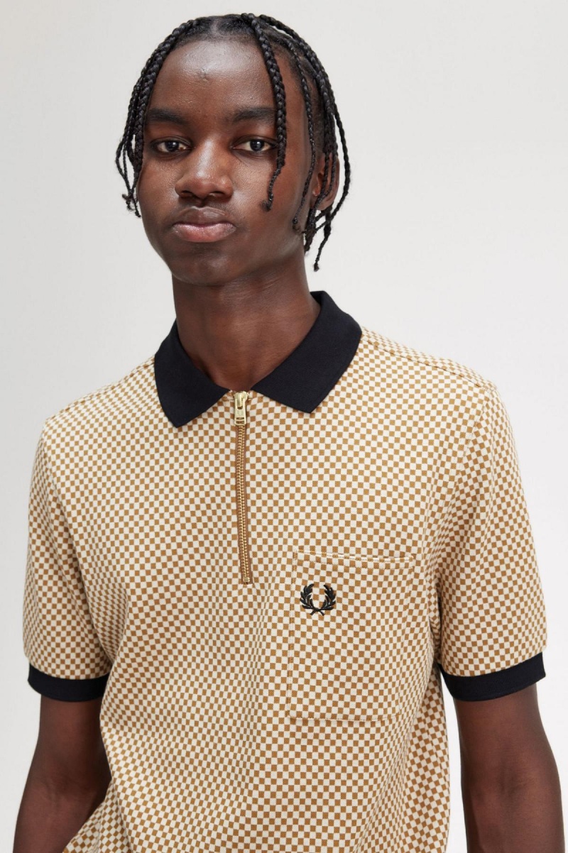 Oatmeal / Dark Caramel Fred Perry Micro Chequerboard Polo Shirt Men's Polo Shirts | SGIIZ85332