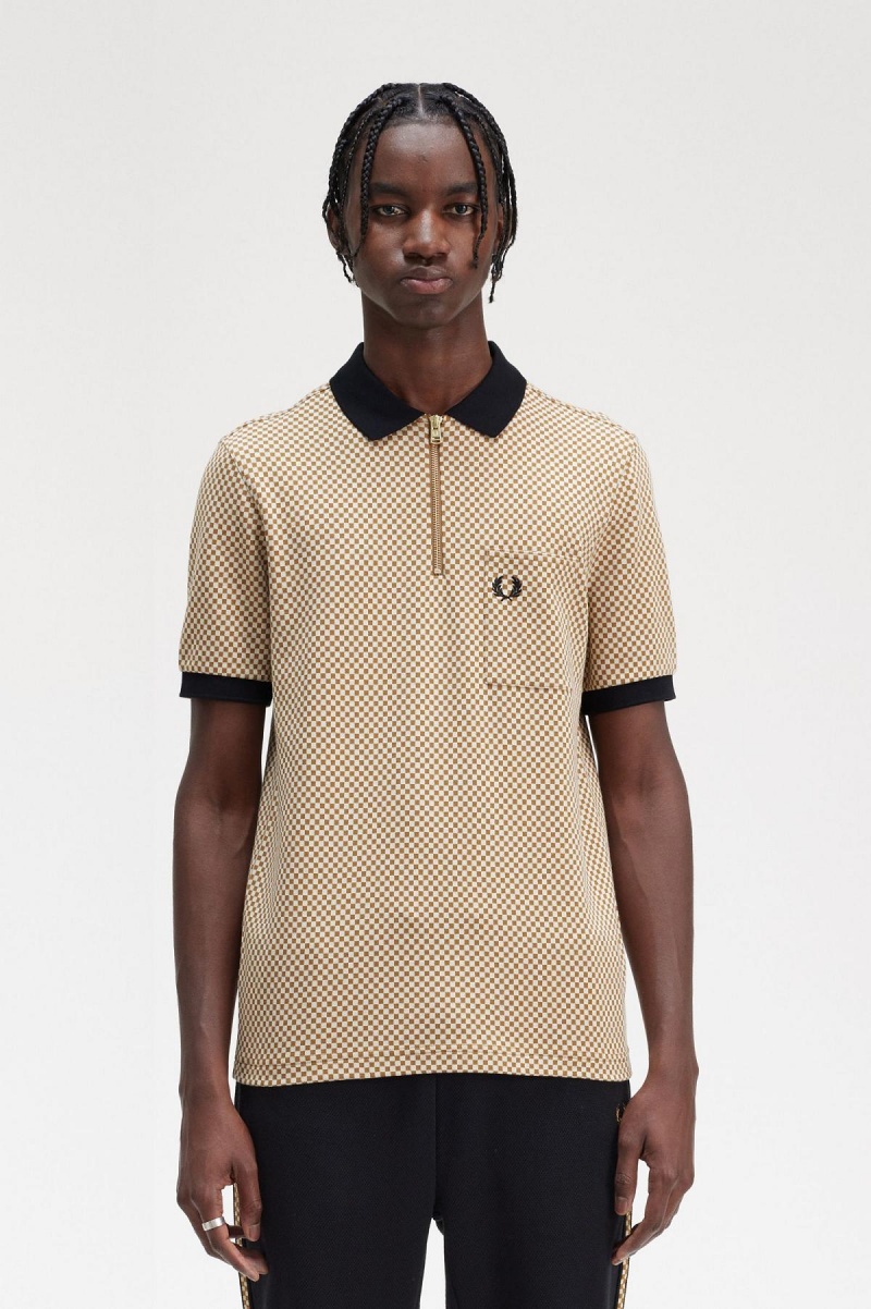 Oatmeal / Dark Caramel Fred Perry Micro Chequerboard Polo Shirt Men\'s Polo Shirts | SGIIZ85332