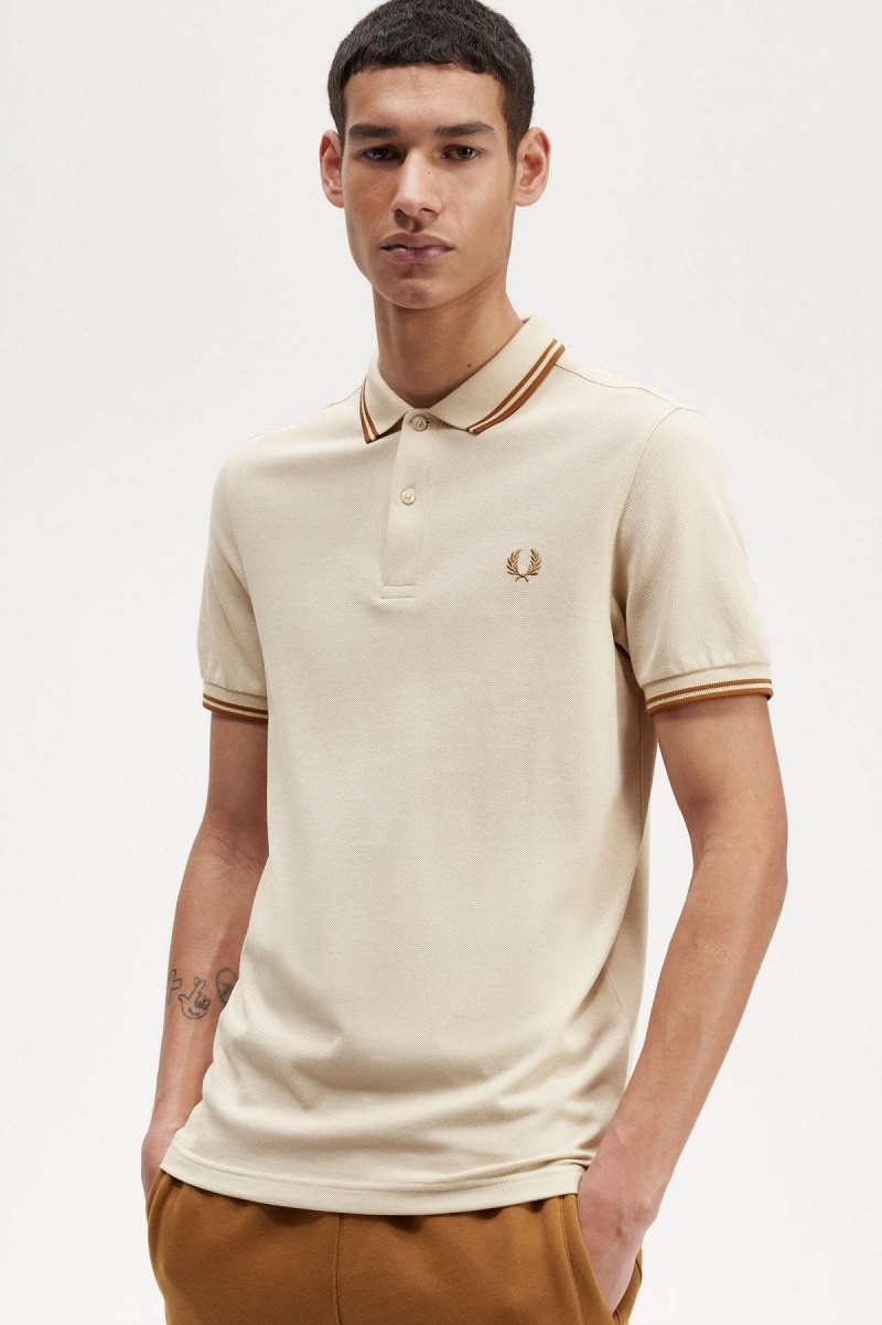 Oatmeal / Dark Caramel / Dark Caramel Fred Perry M3600 Men's Polo Shirts | SGNEJ22103