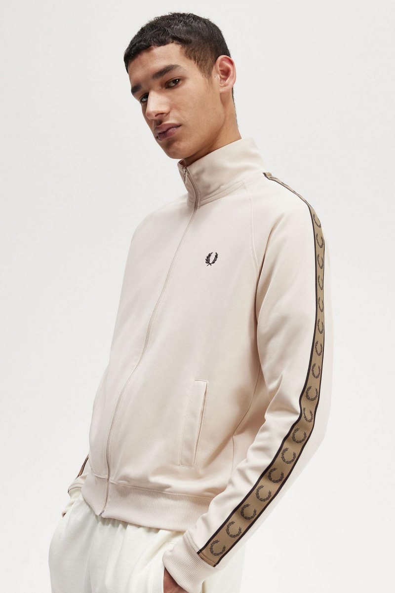 Oatmeal / Shaded Stone Fred Perry Contrast Tape Men's Track Jackets | QSGUV41331