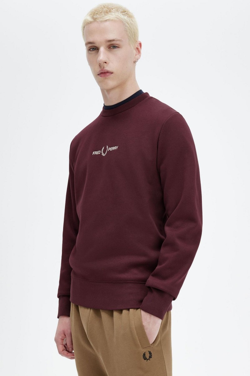 Oxblood Fred Perry Embroidered Men's Sweatshirts | YSGGT76728