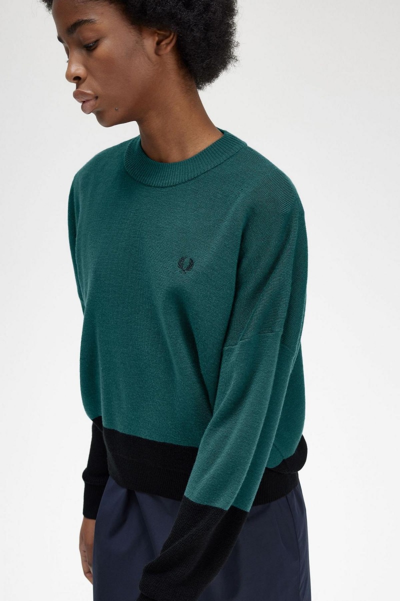 Petrol Blue Fred Perry Colour Block Jumper Women's Knitwear | FSGUI25484