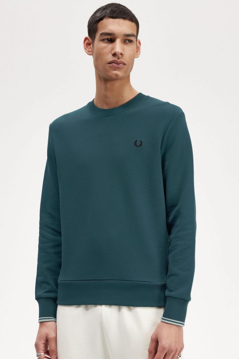 Petrol Blue Fred Perry Crew Neck Men's Sweatshirts | TSGPQ26701