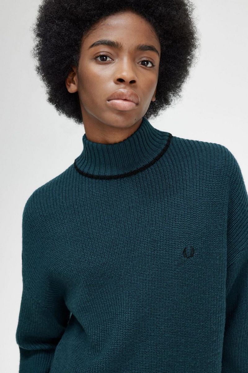 Petrol Blue Fred Perry Fishtail Hem Mock Neck Jumper Women's Knitwear | FSGHY11569