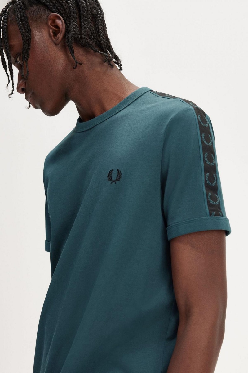 Petrol Blue / Black Fred Perry Contrast Tape Ringer Men's T Shirts | SGXMI26577