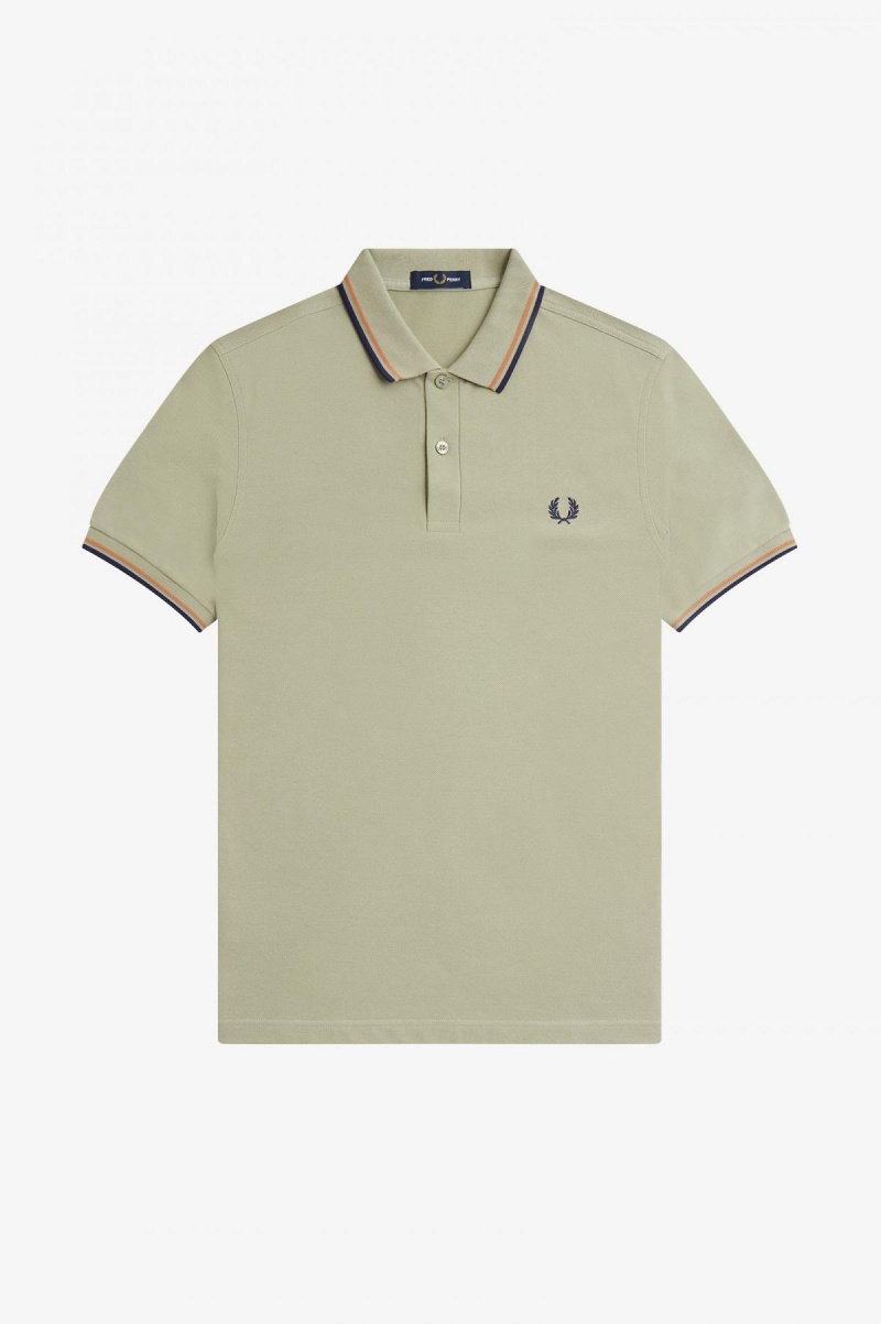 Seagrass / Light Rust / French Navy Fred Perry M3600 Men's Fred Perry Shirt | SGCVG45118