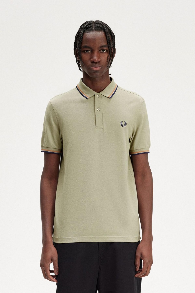 Seagrass / Light Rust / French Navy Fred Perry M3600 Men's Fred Perry Shirt | SGCVG45118