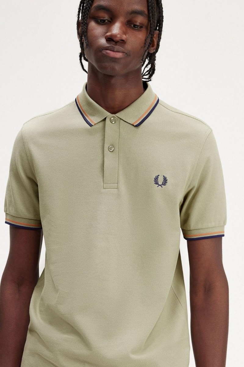 Seagrass / Light Rust / French Navy Fred Perry M3600 Men's Polo Shirts | XSGBH27856