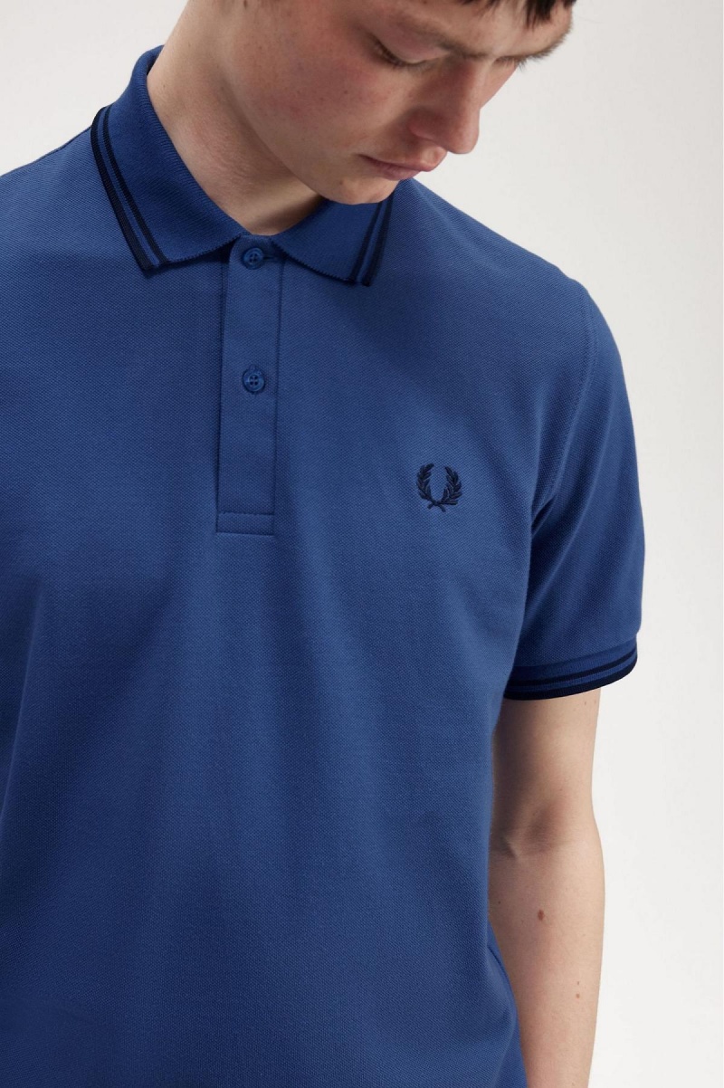 Shaded Cobalt / Navy / Navy Fred Perry M12 Men's Polo Shirts | SGXMI12245