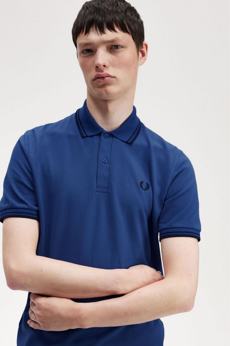 Shaded Cobalt / Navy / Navy Fred Perry M12 Men's Polo Shirts | SGXMI12245