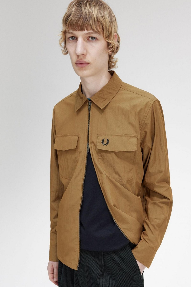 Shaded Stone Fred Perry Lightweight Zip-Through Men's Shirts | SGXBR31217