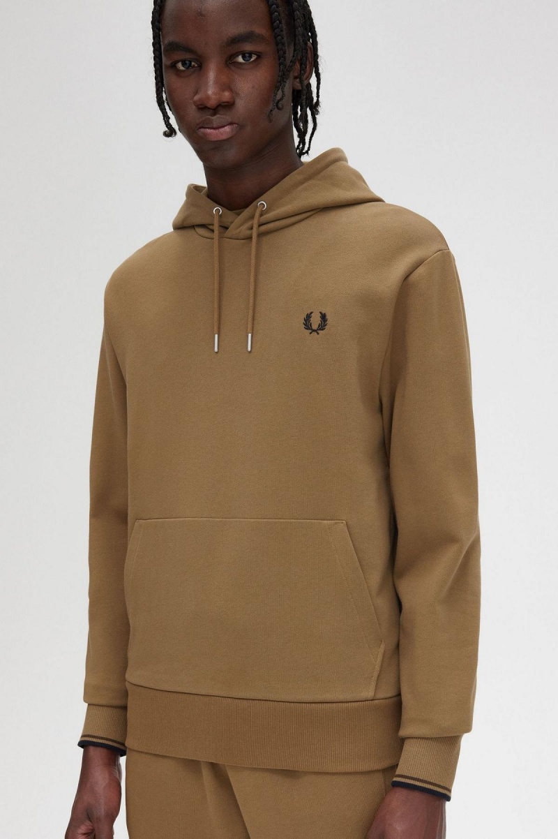 Shaded Stone / Burnt Tobacco Fred Perry Tipped Hooded Men's Sweatshirts | ESGVG67291