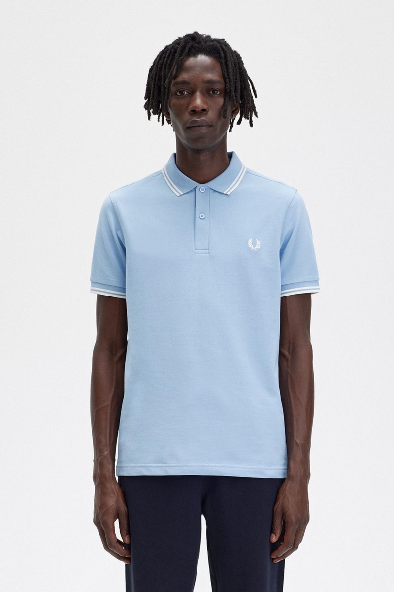 Sky Blue / Snow White / Snow White Fred Perry M3600 Men's Fred Perry Shirt | PSGQX12855