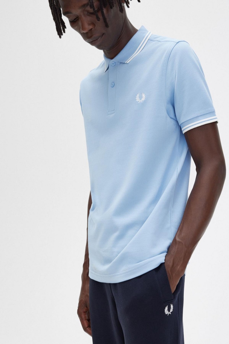 Sky Blue / Snow White / Snow White Fred Perry M3600 Men's Polo Shirts | SGEAH87712