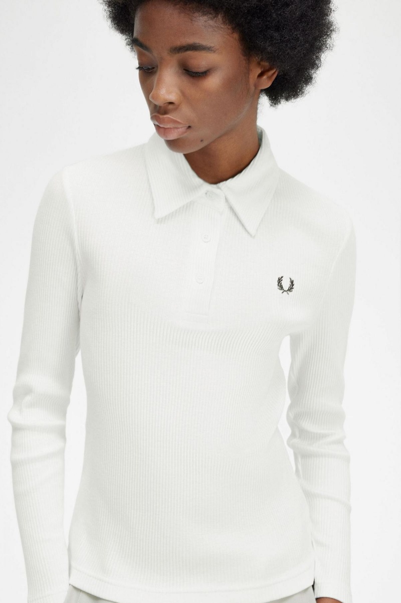 Snow White Fred Perry Long Sleeve Ribbed Women's Polo Shirts | SGEGJ99778