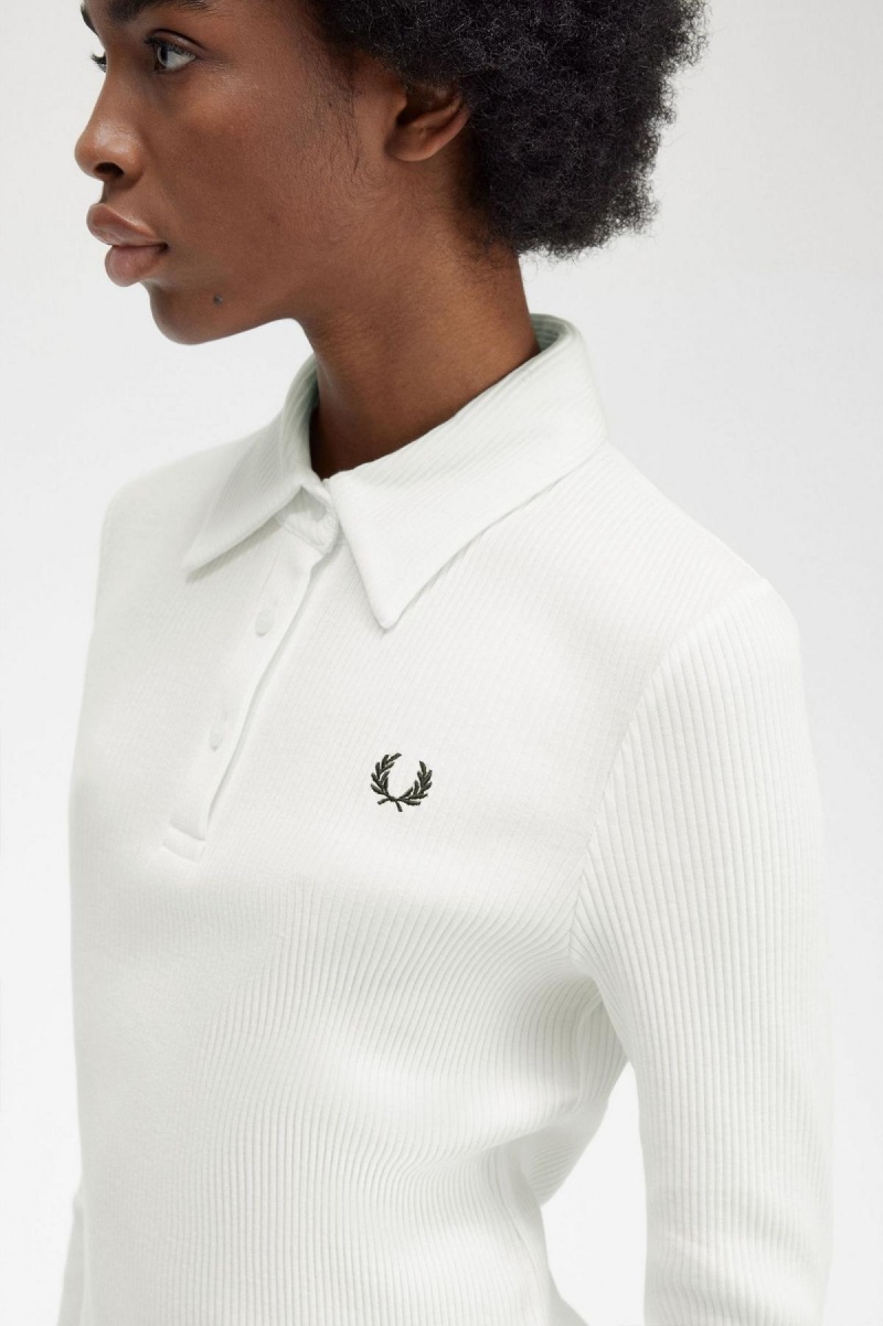 Snow White Fred Perry Long Sleeve Ribbed Women's Polo Shirts | SGEGJ99778