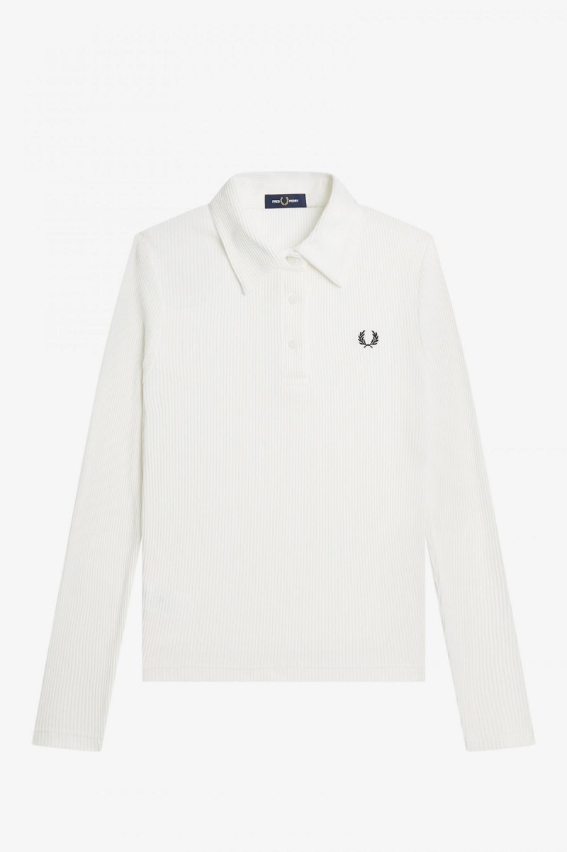 Snow White Fred Perry Long Sleeve Ribbed Women's Polo Shirts | SGEGJ99778