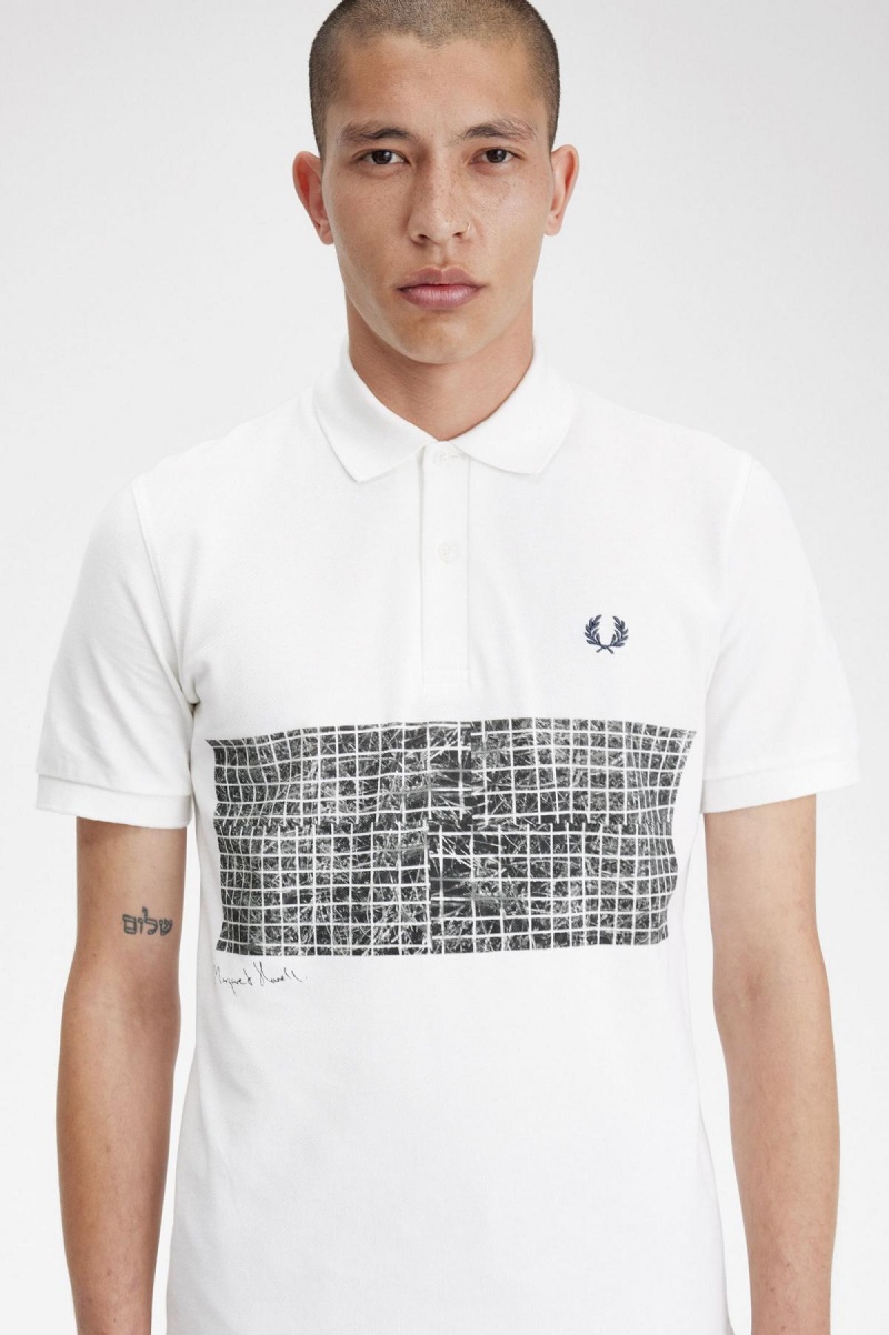 Snow White Fred Perry Tennis Print Fred Perry Shirt Men's Polo Shirts | USGND20998