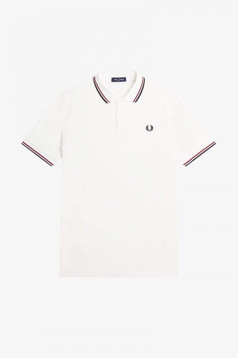 Snow White / Burnt Red / Navy Fred Perry M3600 Men's Fred Perry Shirt | SSGNY36784