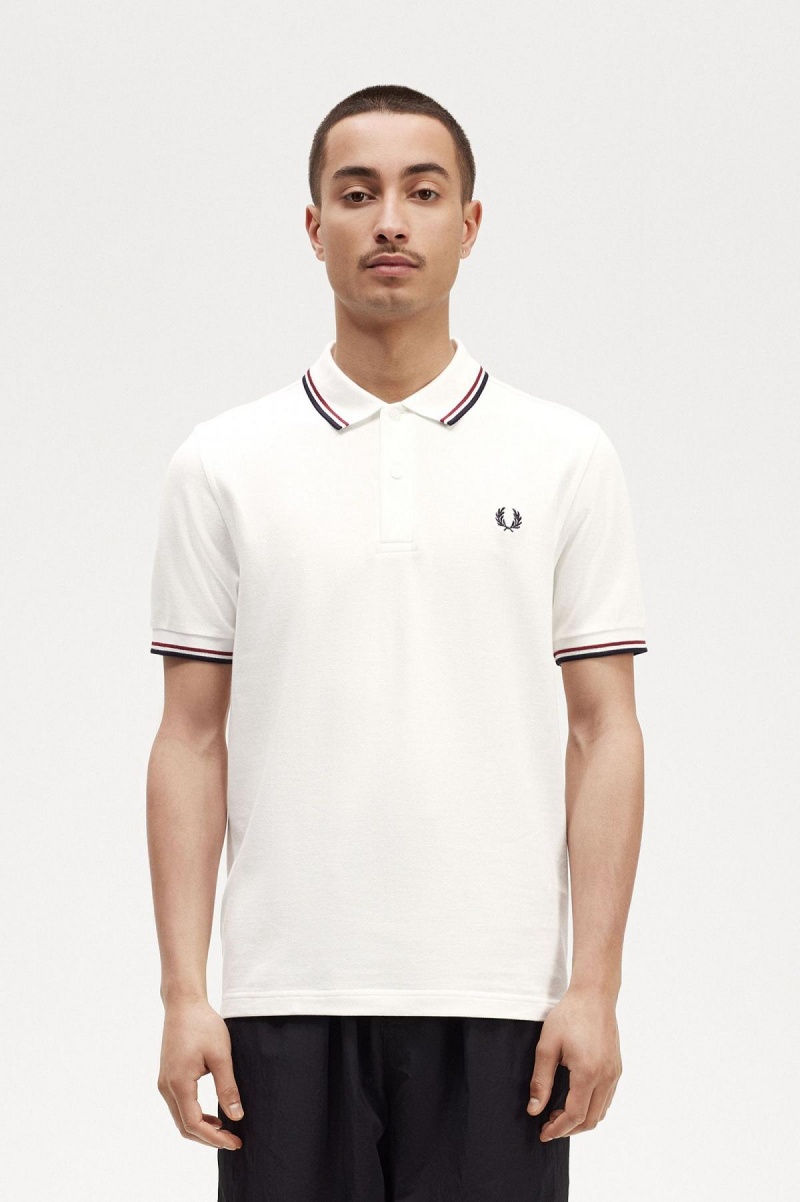 Snow White / Burnt Red / Navy Fred Perry M3600 Men's Fred Perry Shirt | SSGNY36784