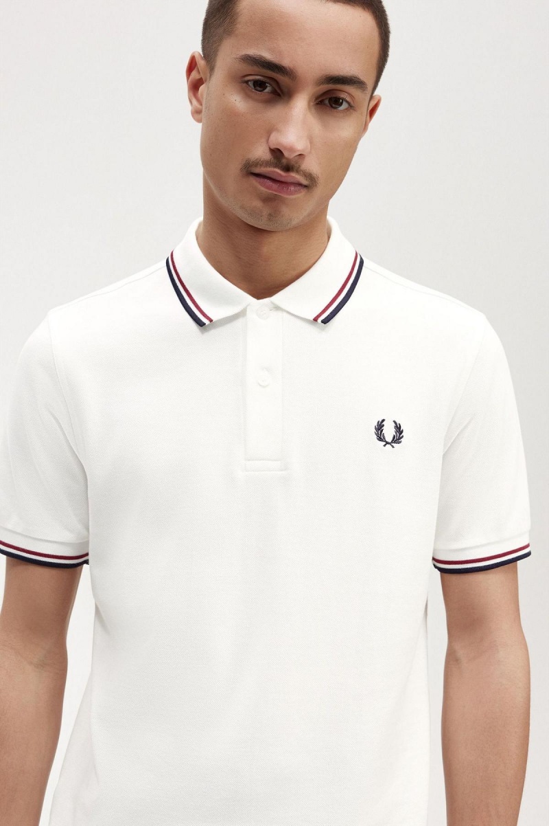 Snow White / Burnt Red / Navy Fred Perry M3600 Men's Polo Shirts | PSGER18025