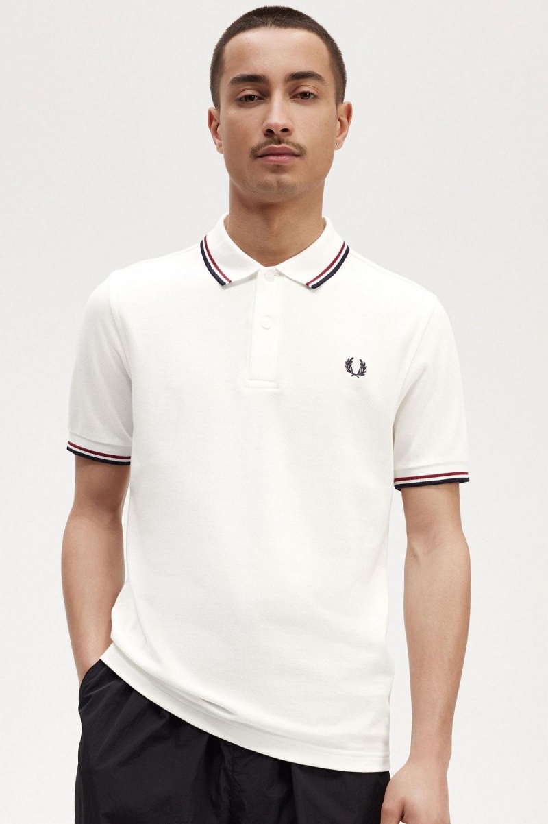 Snow White / Burnt Red / Navy Fred Perry M3600 Men's Polo Shirts | PSGER18025