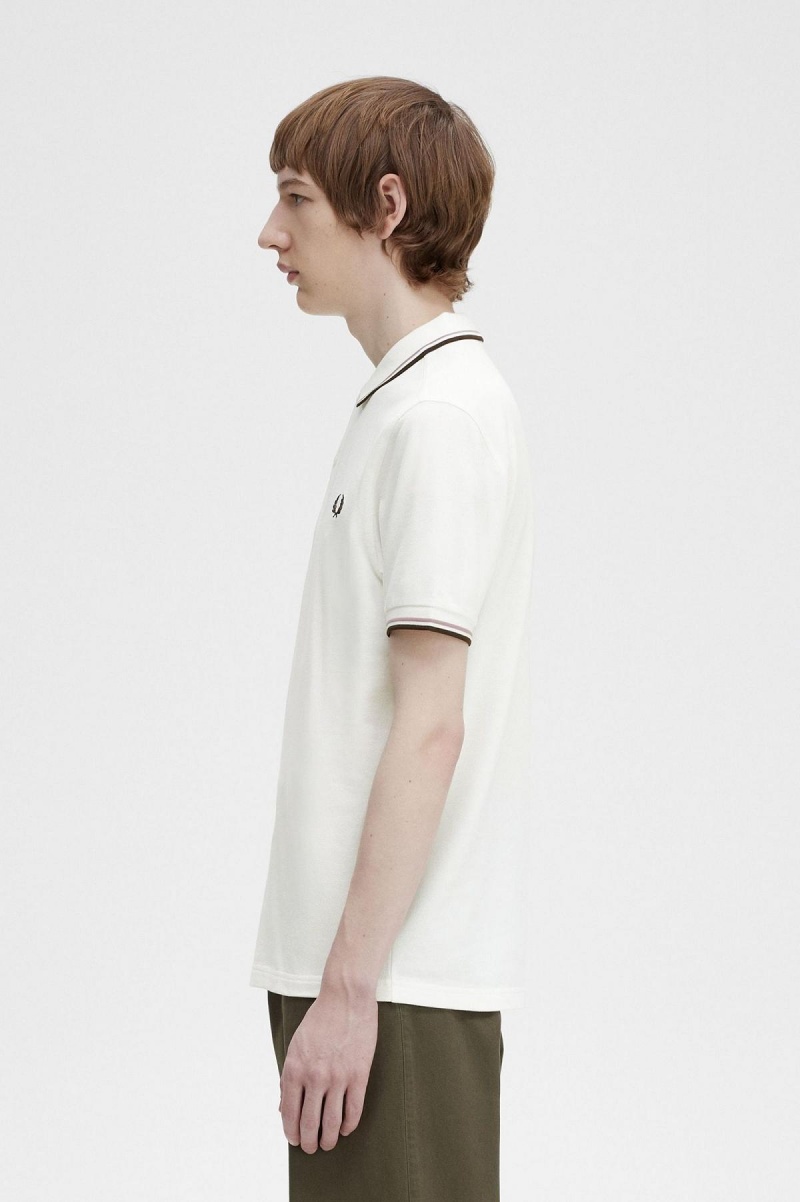 Snow White / Deep Pink / Burnt Tobacco Fred Perry M3600 Men's Fred Perry Shirt | YSGVQ73685