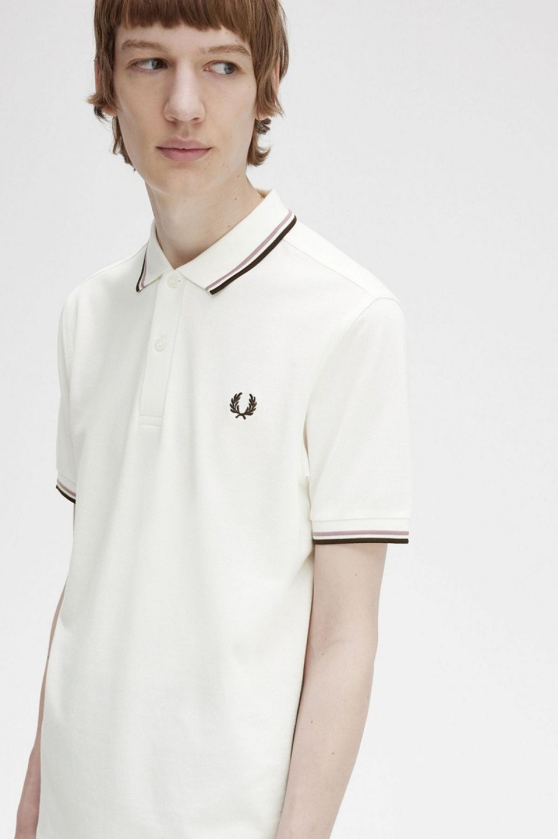 Snow White / Deep Pink / Burnt Tobacco Fred Perry M3600 Men's Polo Shirts | SGJZR79069