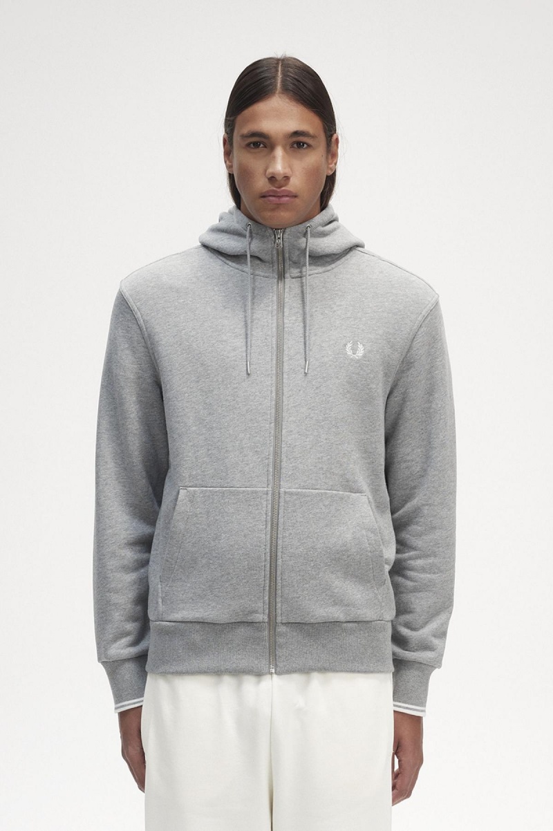 Steel Marl Fred Perry Hooded Zip Through Men\'s Sweatshirts | SGJVR39015