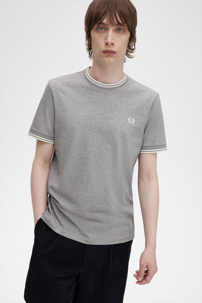 Steel Marl Fred Perry Twin Tipped Men's T Shirts | MSGHR36453