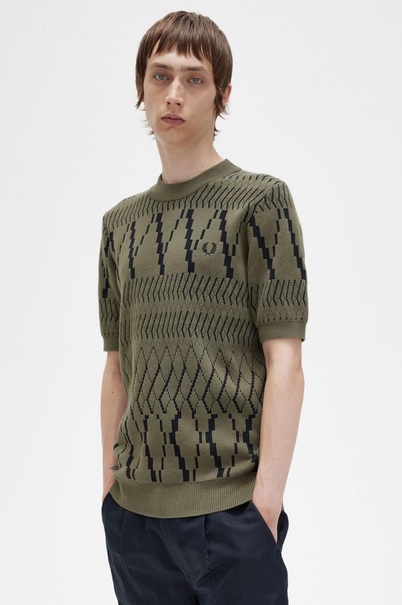 Uniform Green Fred Perry Argyle Panel Knitted T-Shirt Men's Knitwear | MSGFT52879