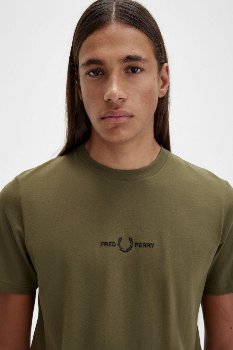 Uniform Green Fred Perry Embroidered Men's T Shirts | SGQCS29410