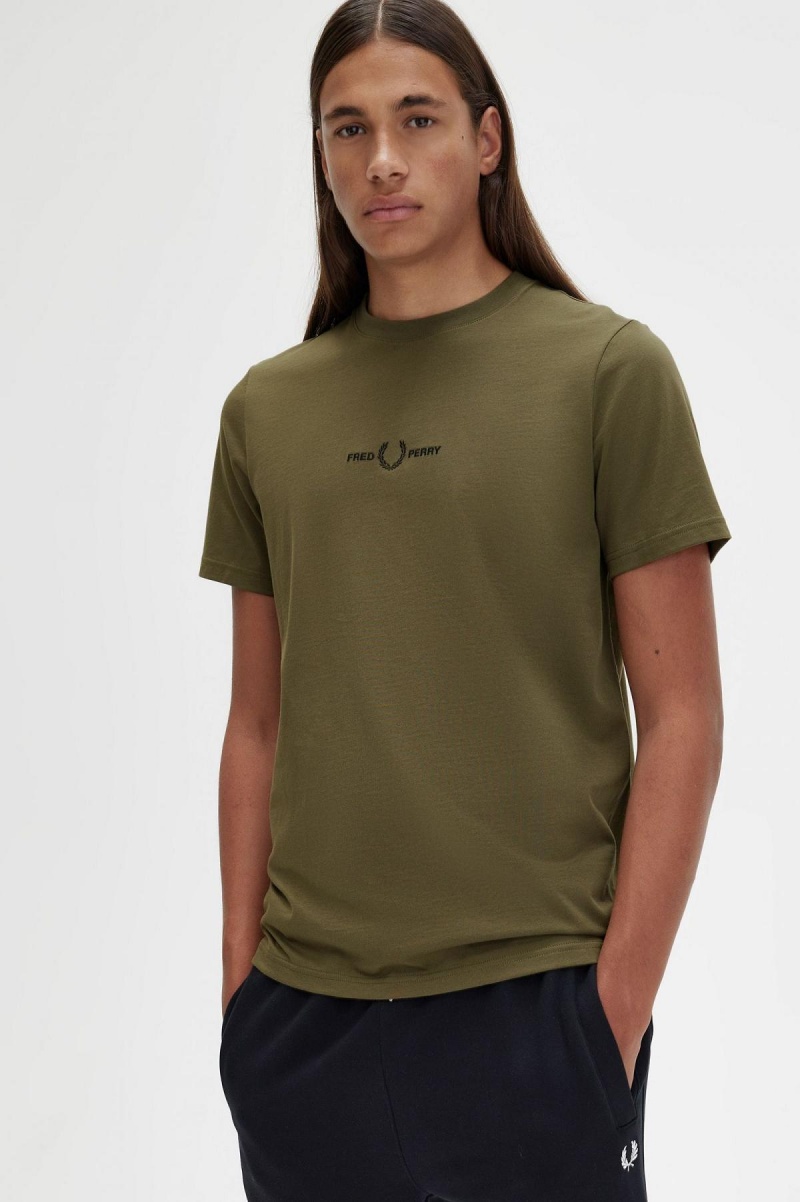 Uniform Green Fred Perry Embroidered Men's T Shirts | SGQCS29410