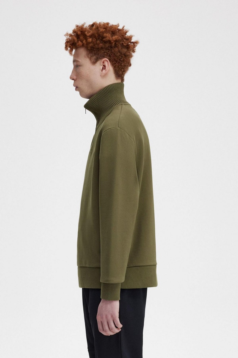 Uniform Green Fred Perry Knitted Trim Zip Neck Men's Sweatshirts | SGICD98382