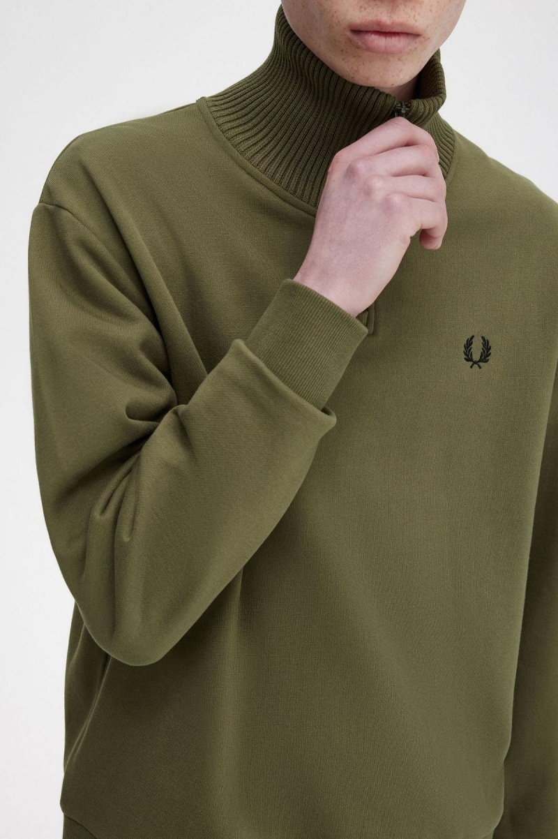 Uniform Green Fred Perry Knitted Trim Zip Neck Men's Sweatshirts | SGICD98382