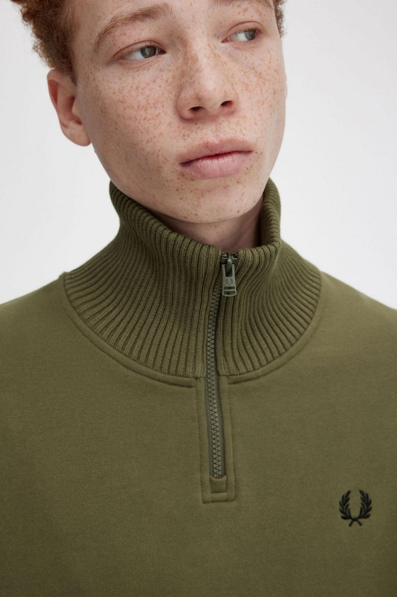 Uniform Green Fred Perry Knitted Trim Zip Neck Men's Sweatshirts | SGICD98382