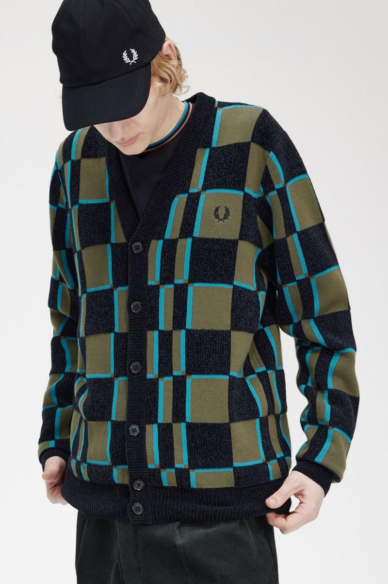 Uniform Green / Black Fred Perry Glitch Chequerboard Cardigan Men's Knitwear | SGJZR50420