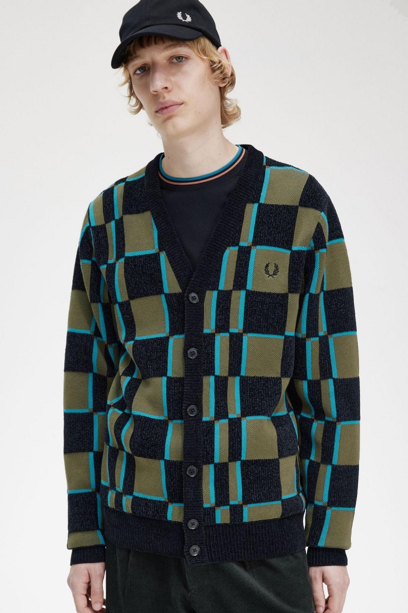 Uniform Green / Black Fred Perry Glitch Chequerboard Cardigan Men's Knitwear | SGJZR50420