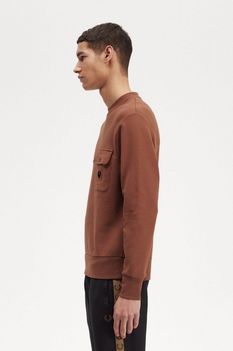 Whisky Brown Fred Perry Badge Detail Crew Neck Men's Sweatshirts | SGIIZ83827