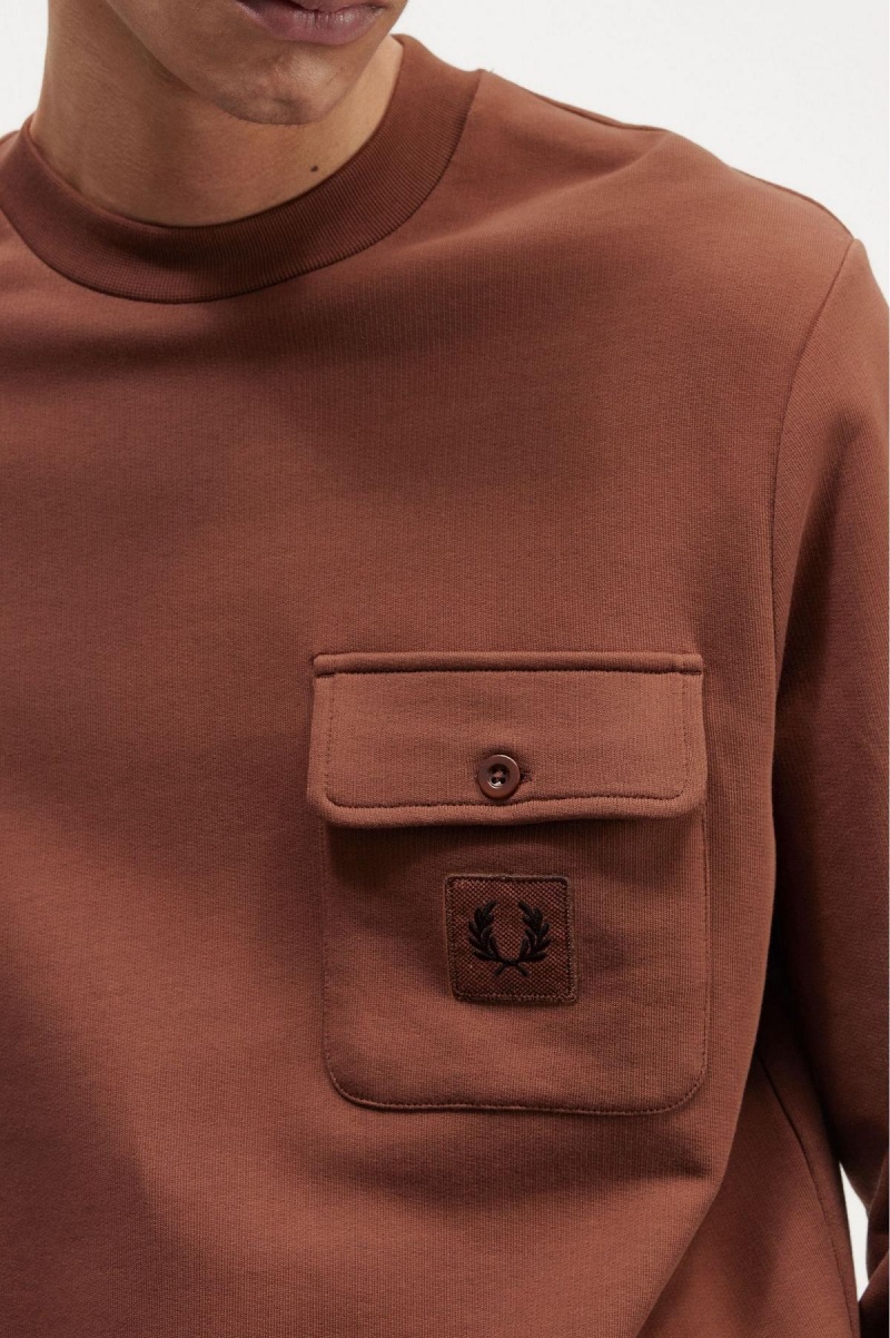 Whisky Brown Fred Perry Badge Detail Crew Neck Men's Sweatshirts | SGIIZ83827