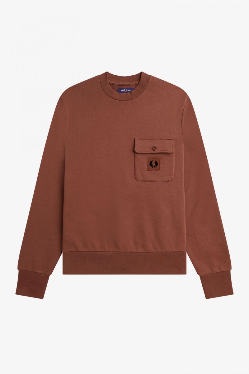 Whisky Brown Fred Perry Badge Detail Crew Neck Men's Sweatshirts | SGIIZ83827