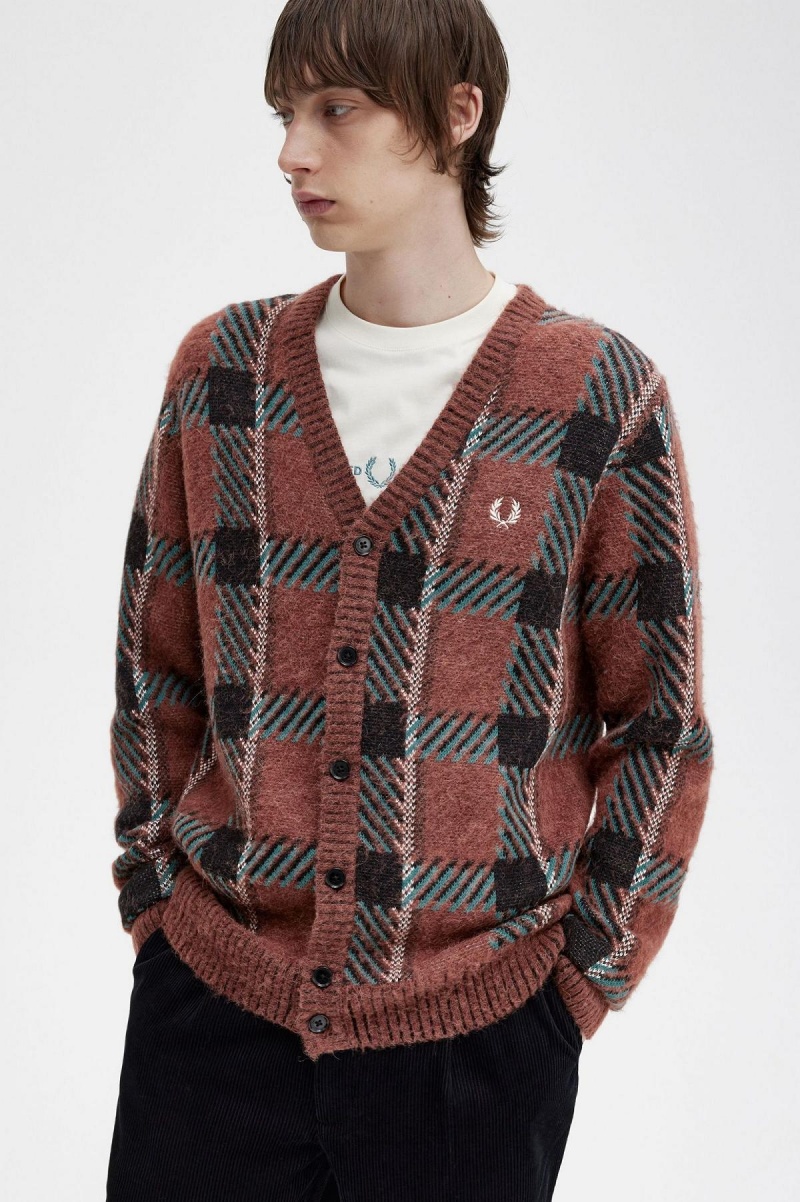 Whisky Brown Fred Perry Glitch Tartan Cardigan Men's Knitwear | TSGPQ34185