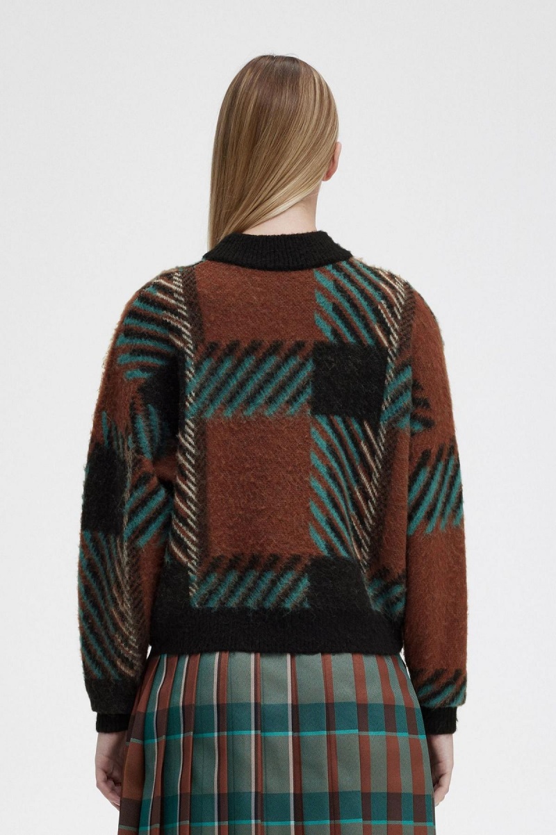 Whisky Brown Fred Perry Glitch Tartan Jumper Women's Knitwear | SGZPD20549